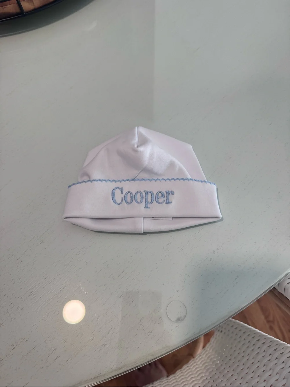 White Baby Beanie with Light Blue 'Cooper' Embroidery